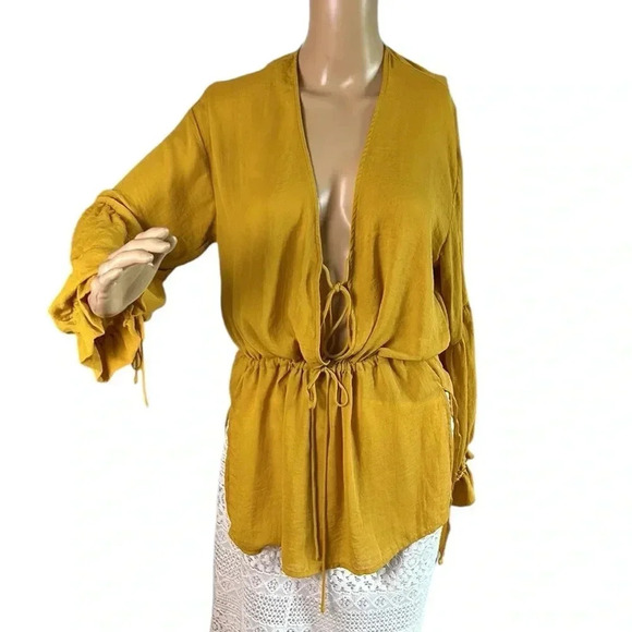 H&M  puffed sleeve hi lo tunic,peasant,boho, sz 6,  cut out,deep v,Pheobie - Picture 3 of 16